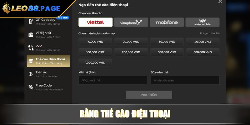Nạp Tiền LEO88 - Hướng Dẫn Từng Phương Thức Và Lưu Ý Quan Trọng 3 Bằng thẻ cào điện thoại